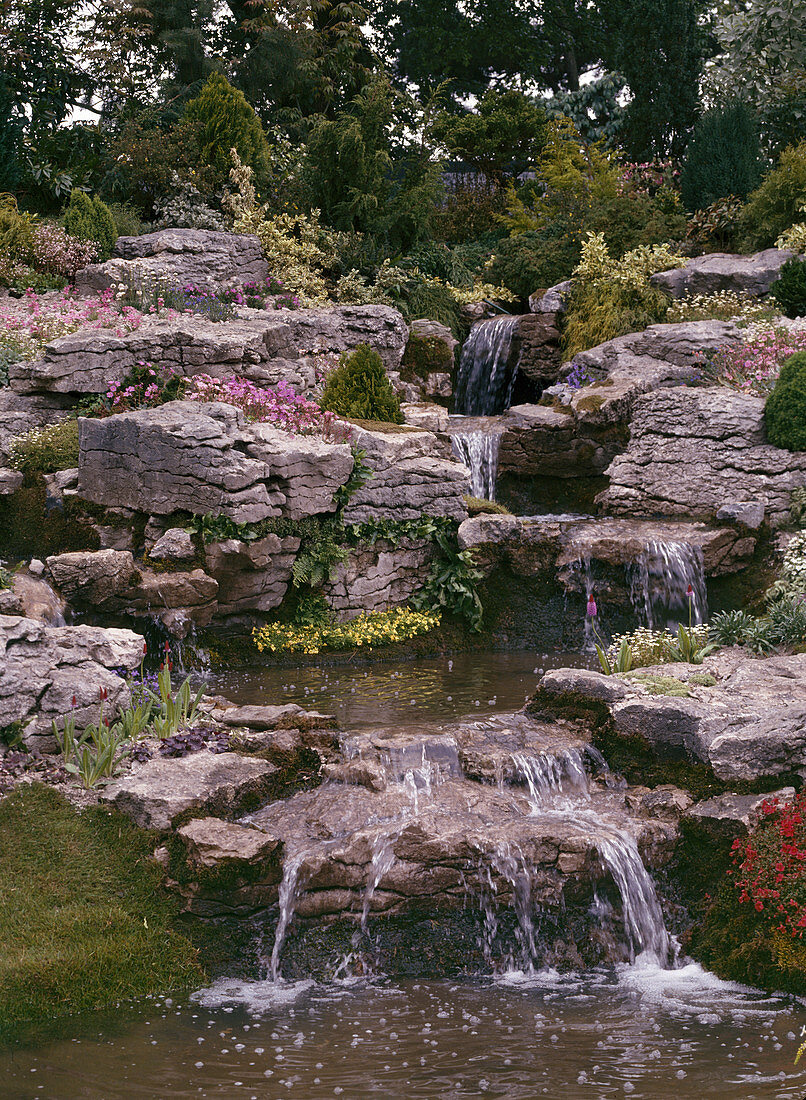 Stream in rock garden with waterfalls