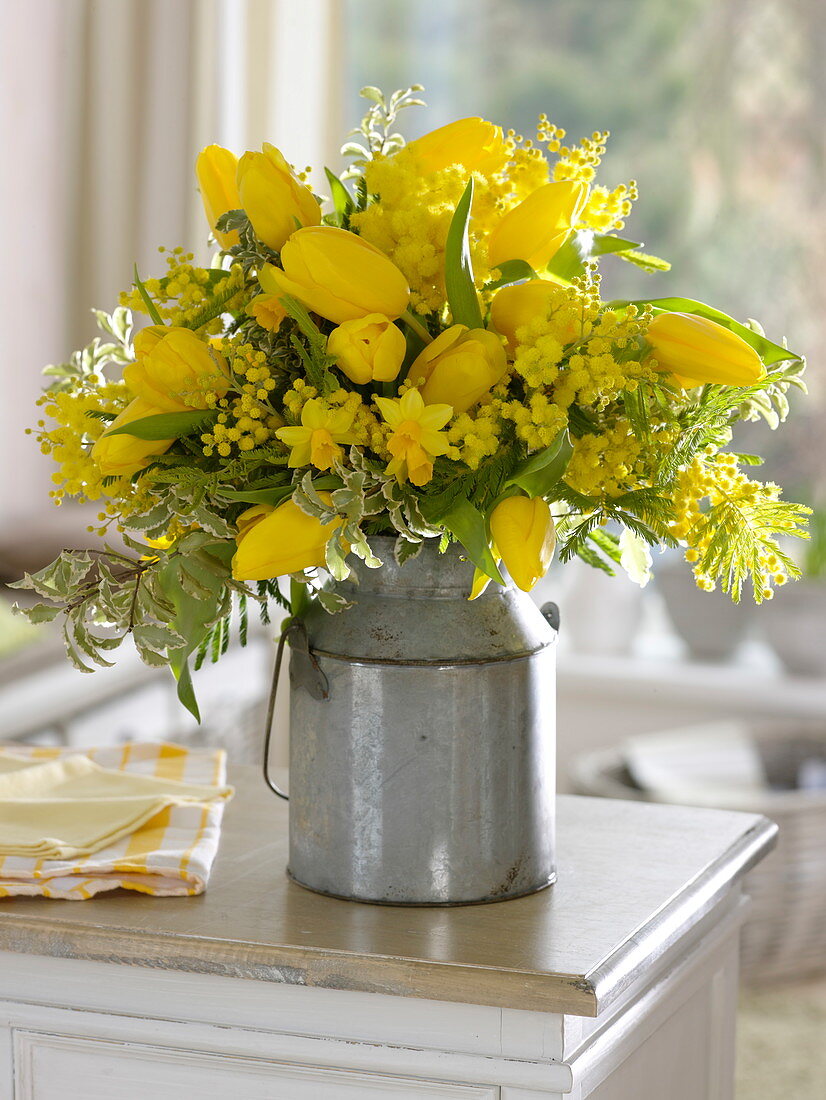 Yellow bouquet with Acacia (mimosa), Tulipa (tulips), Narcissus 'Tete a Tete'.