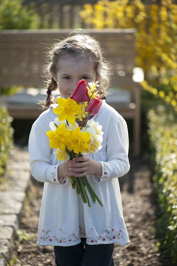 Mädchen mit Strauß aus Narcissus (Narzissen), Tulipa (Tulpen)