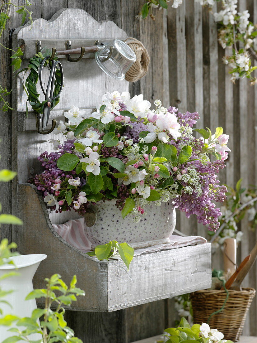 Arrangement of Syringa (lilac), Malus (apple blossom) and Anthriscus