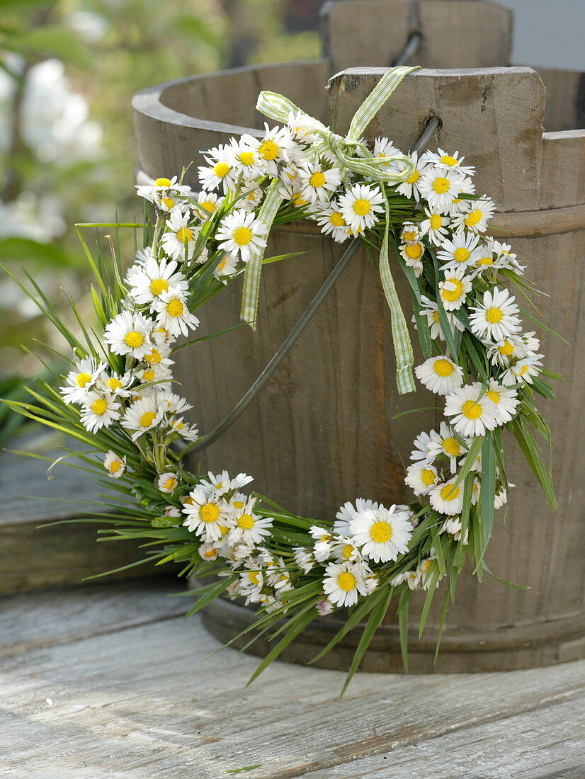 Small Bellis perennis (daisies) and grasses wreath