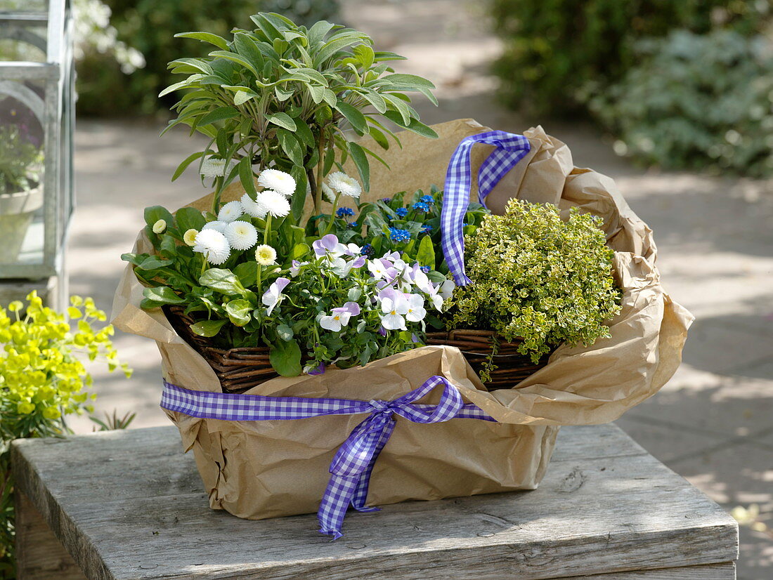 Basket with herbs and edible flowers as a gift