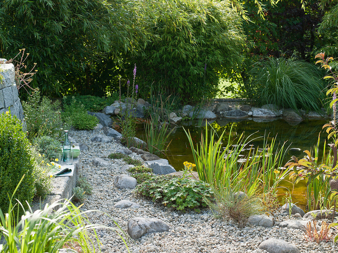 Path made of gravel and natural stones near the pond