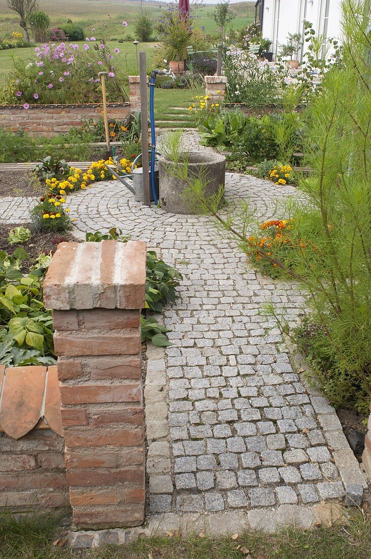 Paved path in the cottage garden with fountain and circle in the middle