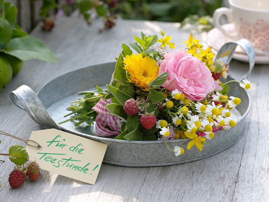 Small bouquet of Rosa (rose), Calendula (marigold), St. John's wort