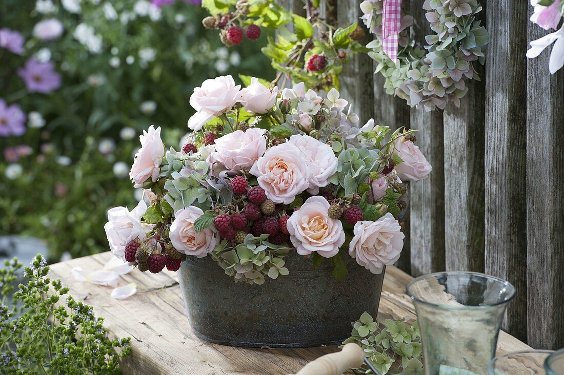 Bouquet of pink (roses), hydrangea (hydrangea) and raspberries