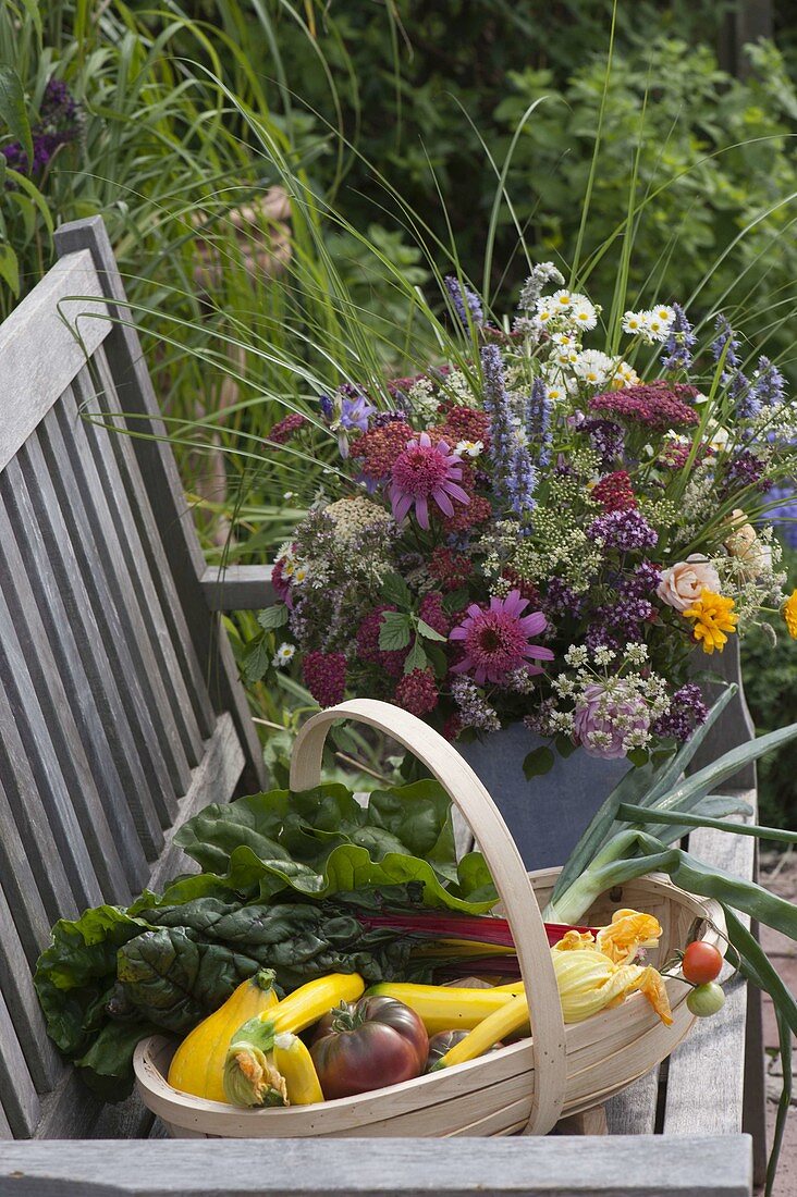 Cottage garden bouquet with herbs and perennials