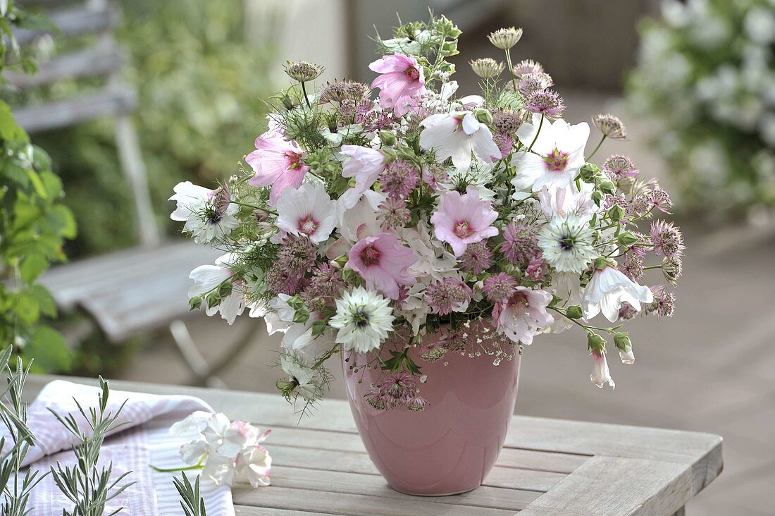 White-pink bouquet with Lavatera (shrub mallow), Astrantia (starflower)