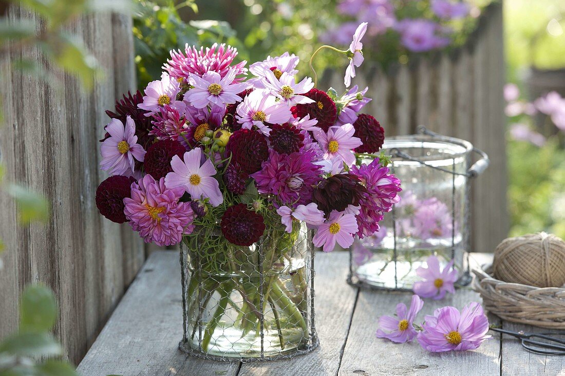 Rosa-roter Sommerstrauß aus Dahlia (Dahlien) und Cosmos