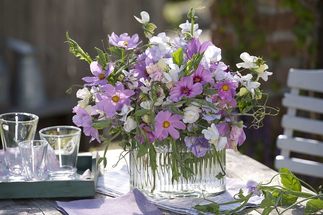 Weiß-rosa Duftstrauß mit Cosmos (Schmuckkörbchen) und Lathyrus odoratus