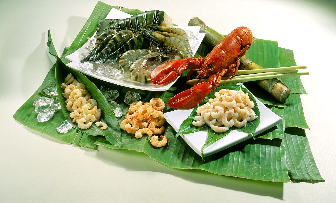 Assorted Crustaceans on Banana Leaves