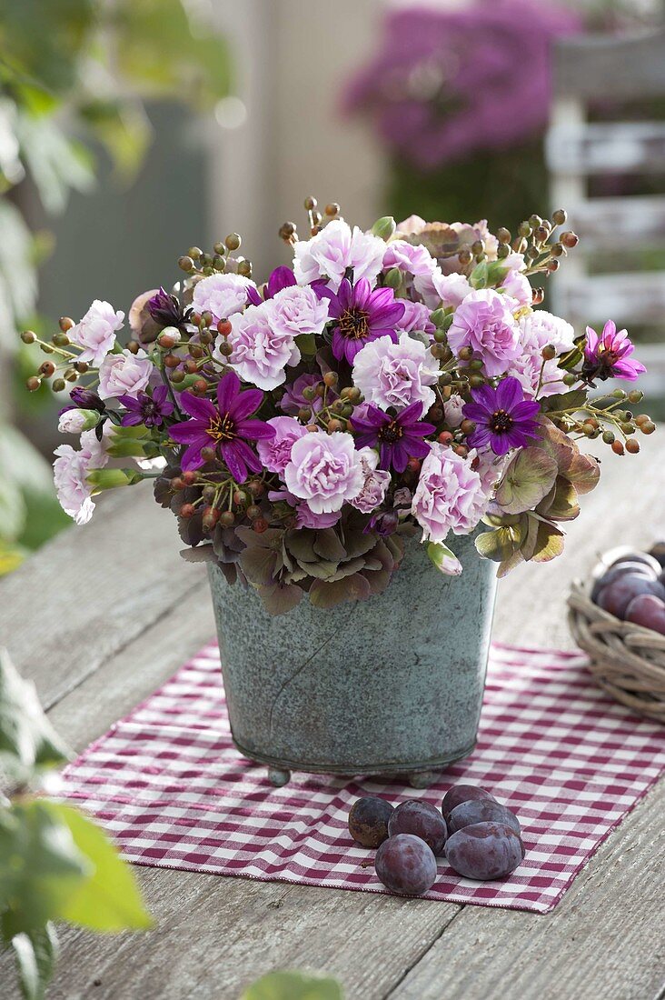 Tin vase with Dianthus (carnations), Dahlia (dahlias), Hydrangea