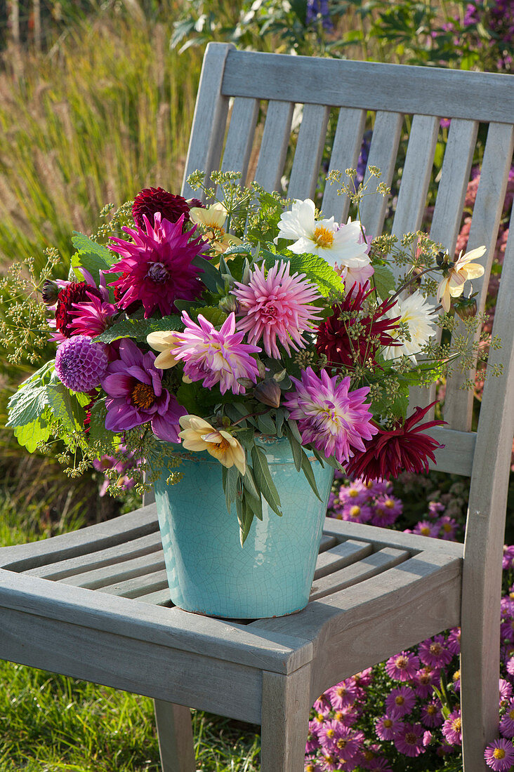 Bouquet of various Dahlia (dahlias), fennel (foeniculum), sage