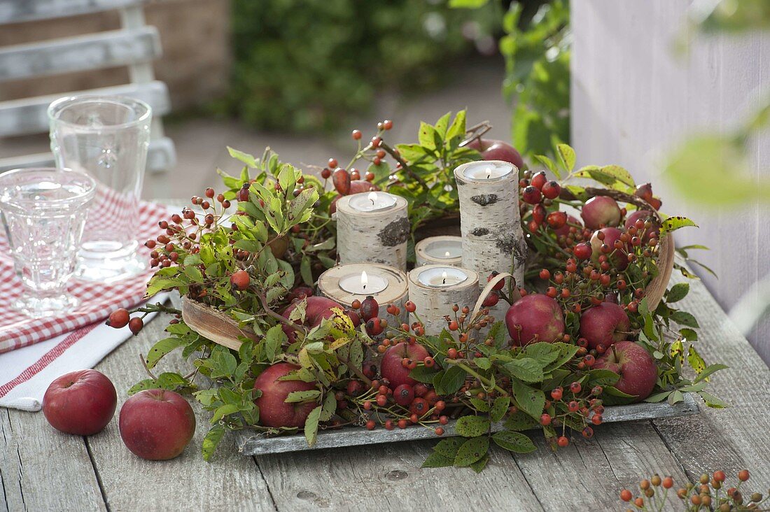 Wreath of pink (rosehips) on bark blank, decorated with apples