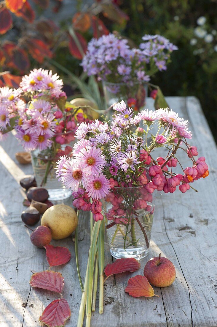 Small bouquets of aster and fruit stalls of Euonymus