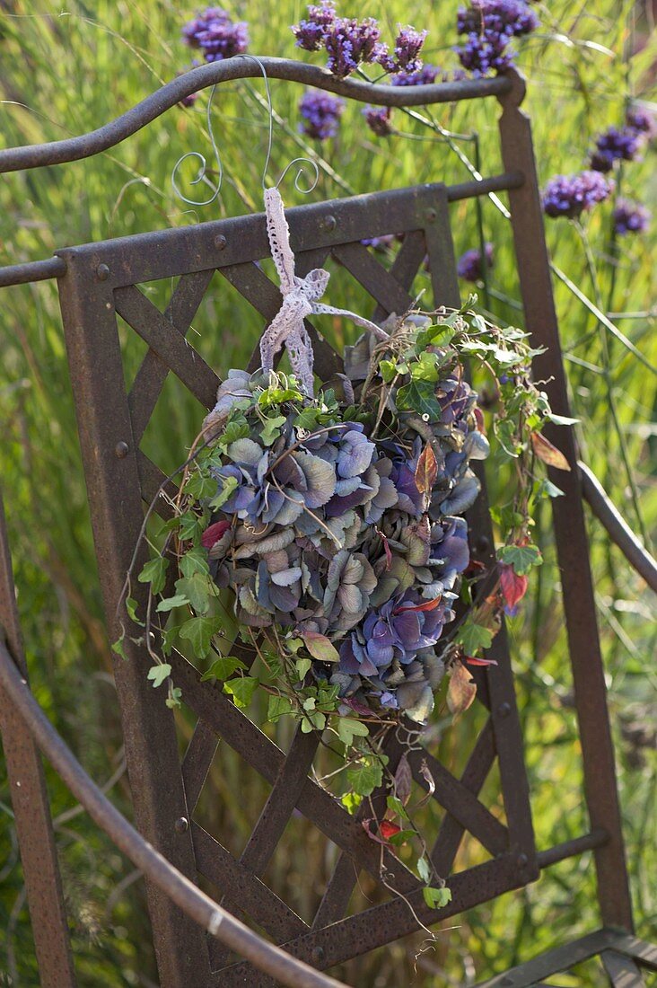 Gestecktes Herz aus Hydrangea (Hortensien-Blüten), mit Ranken von Hedera