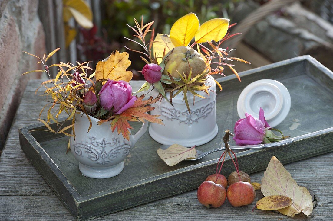 Small autumn decoration in cream jug and sugar bowl
