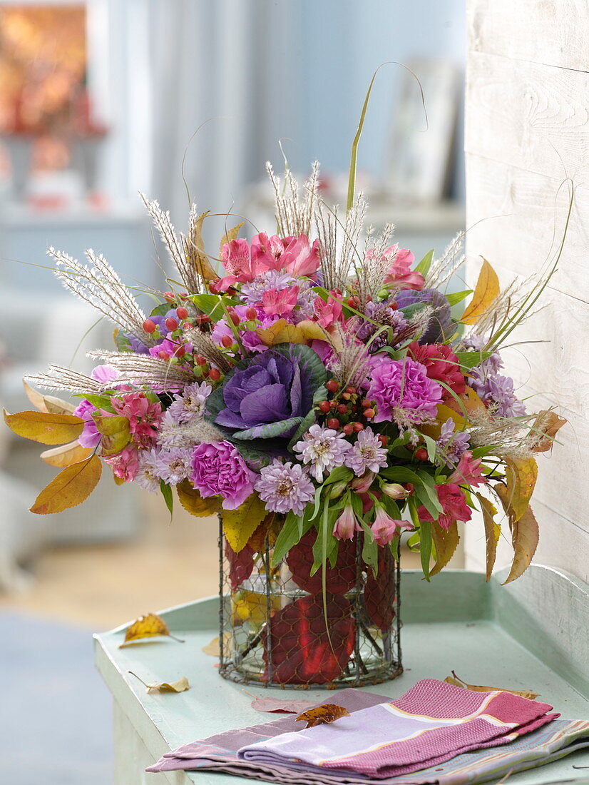 Autumn bouquet with Brassica (ornamental cabbage), Dianthus (carnations), Alstroemeria