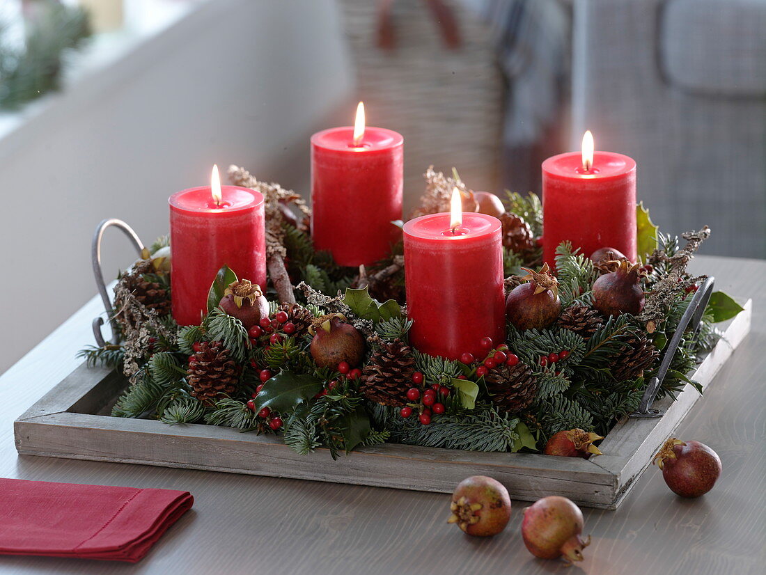 Natürlicher Adventskranz mit roten Kerzen: Abies procera (Nobilis-Tanne)