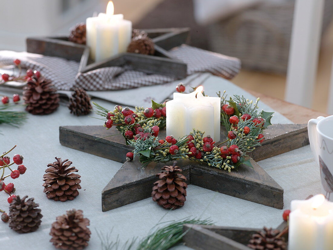 Star candle on wooden star with star-shaped wreath made of Cypressus arizonica