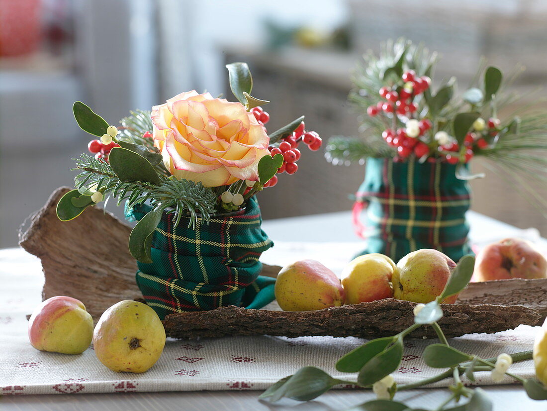 Rosa (Rose), Ilex (Rote Winterbeeren), Viscum album (Misteln) und Abies