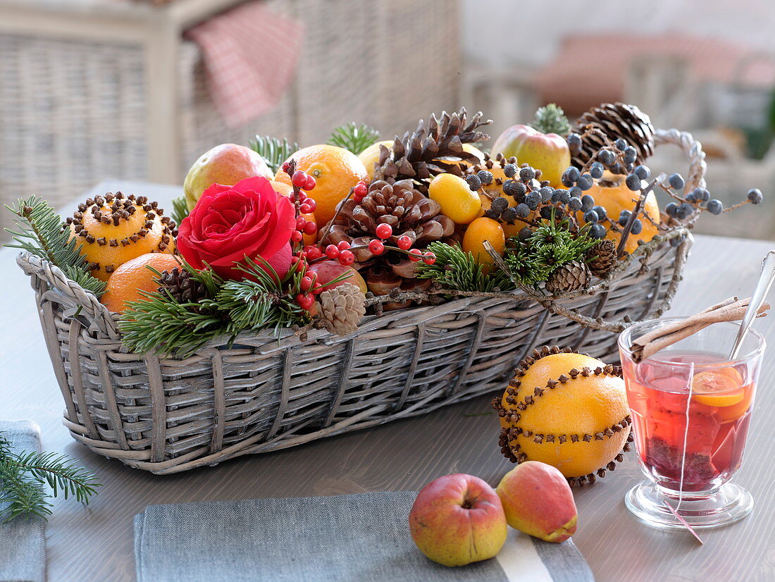 Weihnachtlicher Korbkasten mit rosa 'Orange Sky' (Rose), Orangen