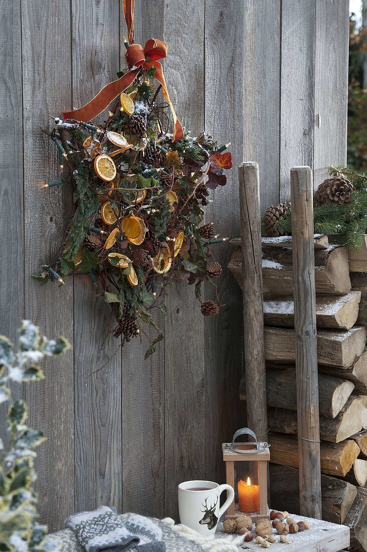 Star made of twigs decorated with fairy lights, tendrils of Hedera (ivy)