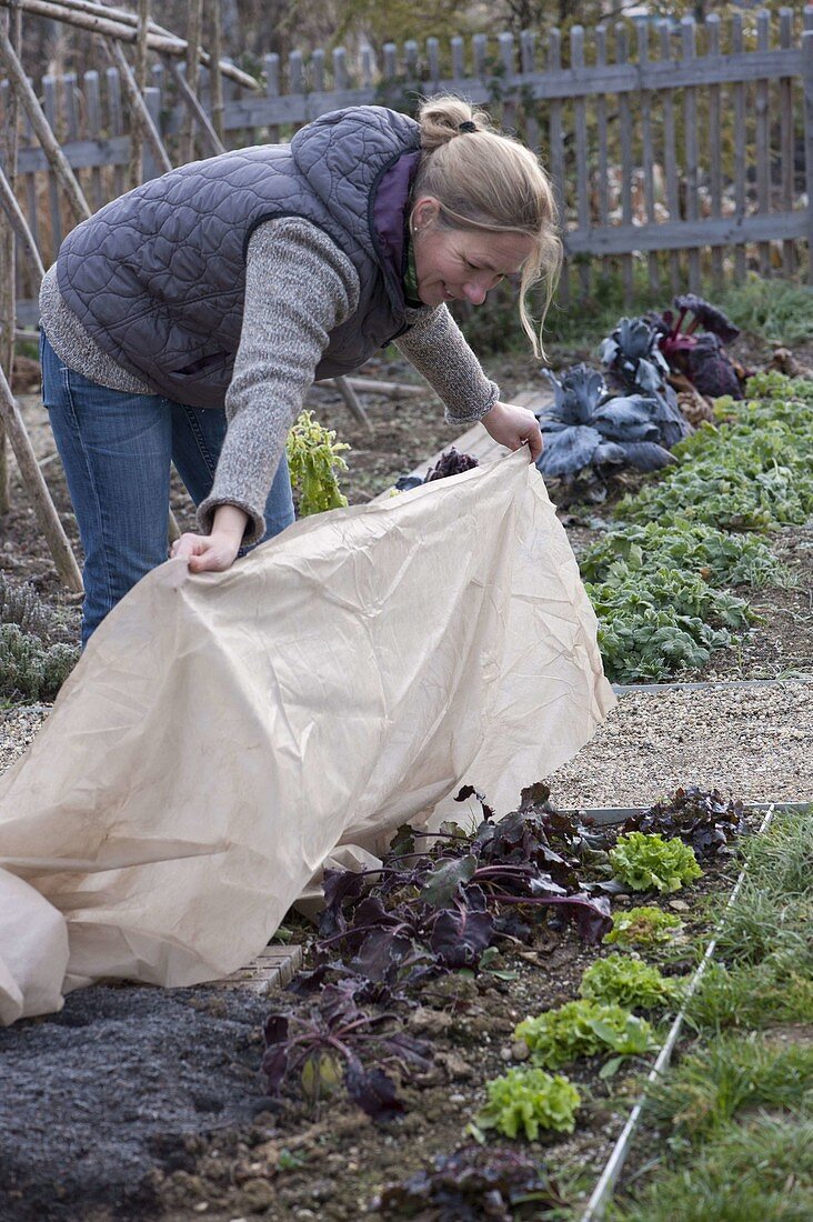 Woman covers vegetables with protective fleece