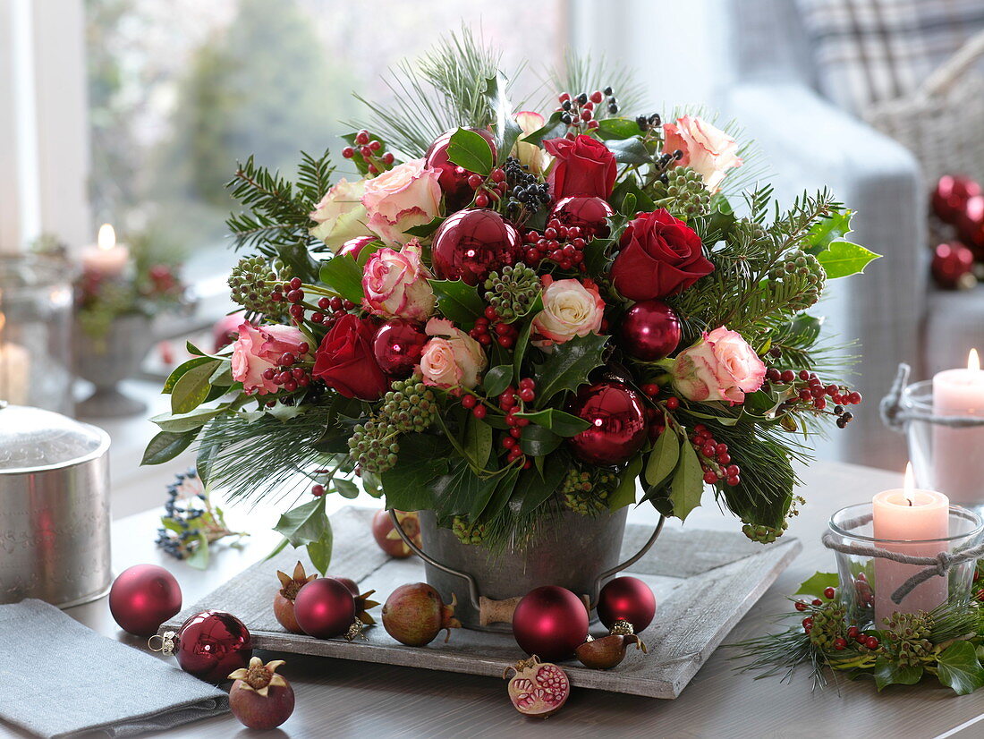 Christmas bouquet of Rosa (roses), Ilex (holly), Hedera