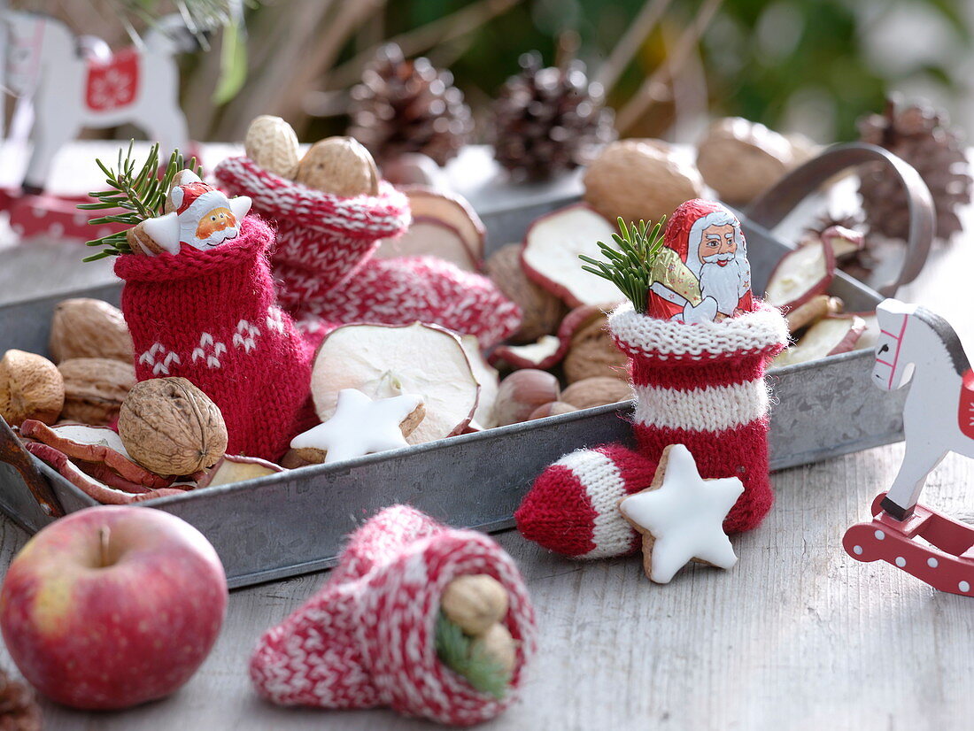 Father Christmas socks filled with chocolate Father Christmases