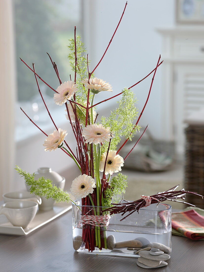 Moderner Stehstrauss aus Gerbera Germini 'Cream Café' mit Zweigen