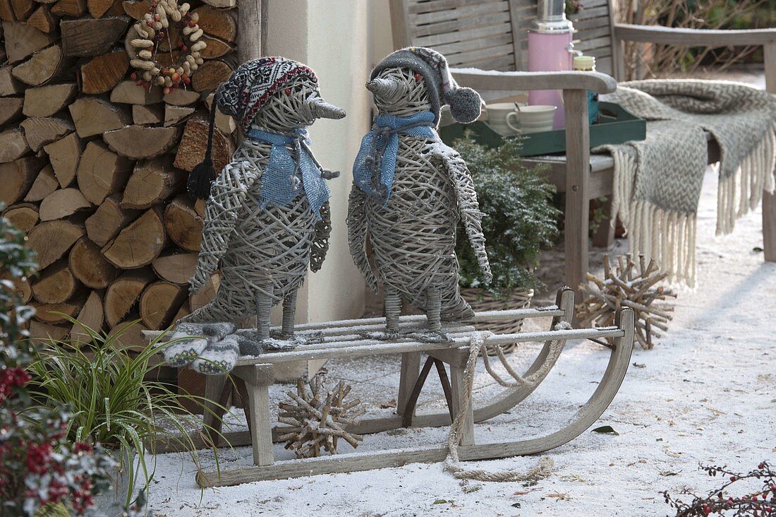 Gray rattan penguins with hats and scarves on sledges