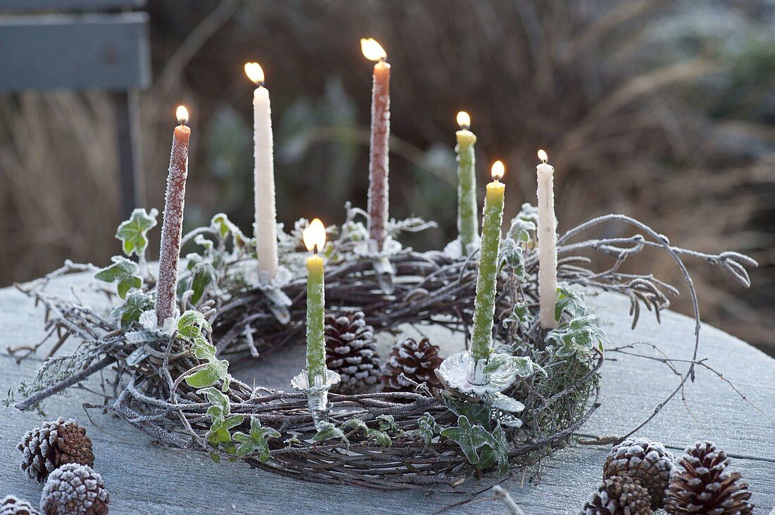 Natural wreath made of betula (birch) twigs, decorated