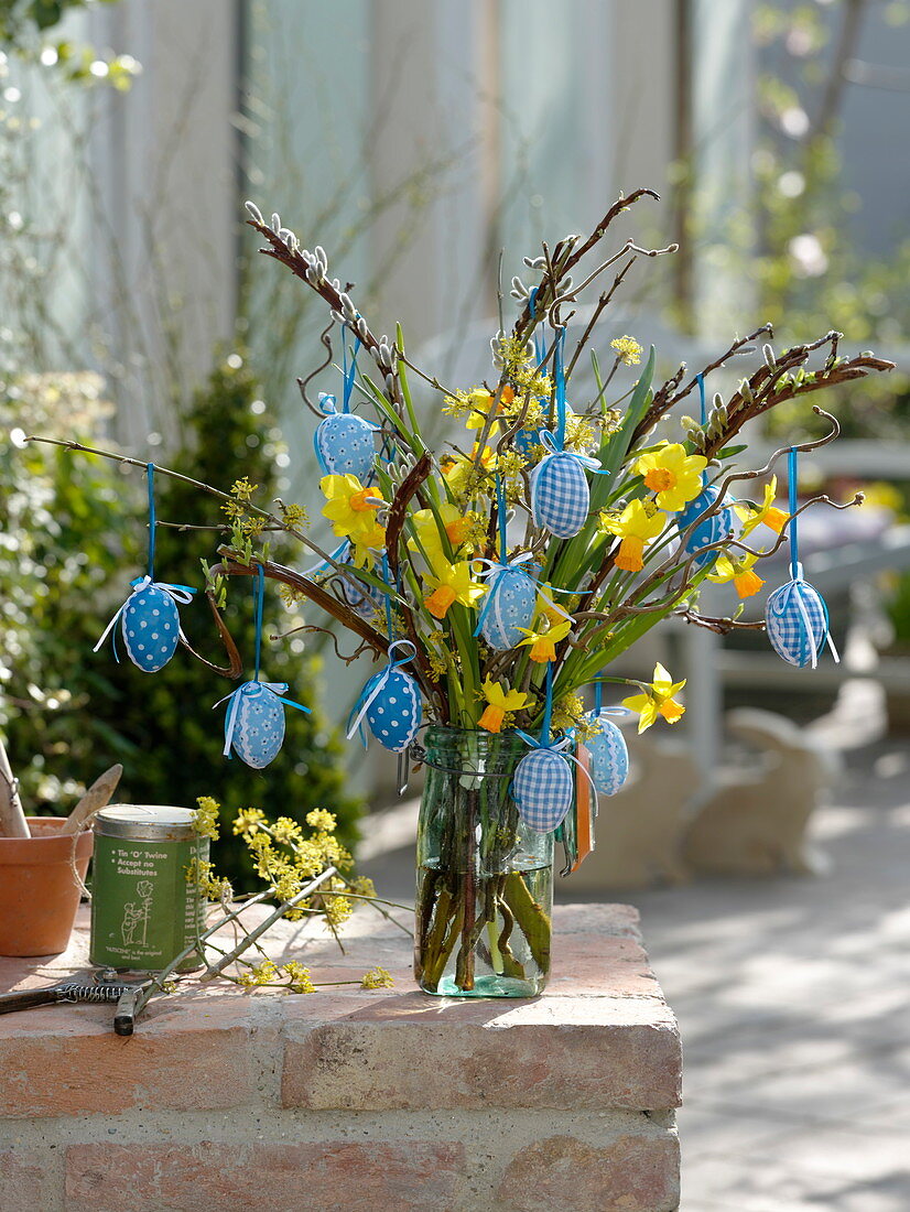 Easter bouquet of Salix sachalinensis 'Sekka' (ribbon willow, dragon willow)