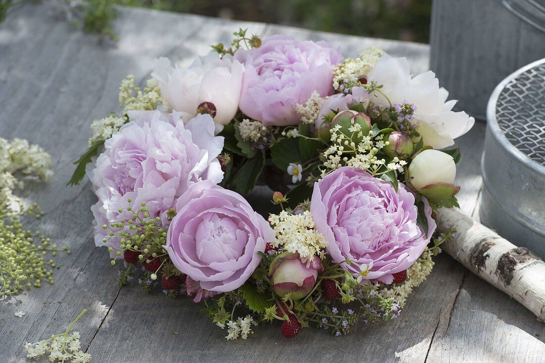 Wreath composed of Paeonia (peonies) and Sambucus nigra