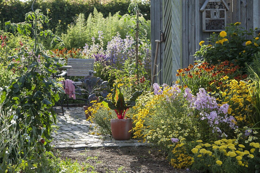 Perennial bed and terrace by the garden house