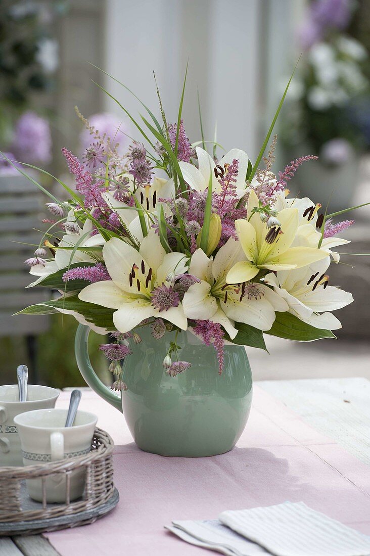 White-pink bouquet with Lilium asiaticum (Lilies), Astrantia (Starthistle)