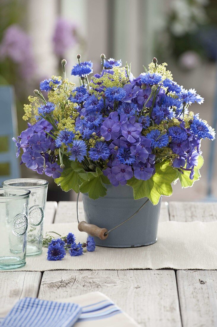 Blue bouquet with Centaurea cyanus (cornflowers), Alchemilla