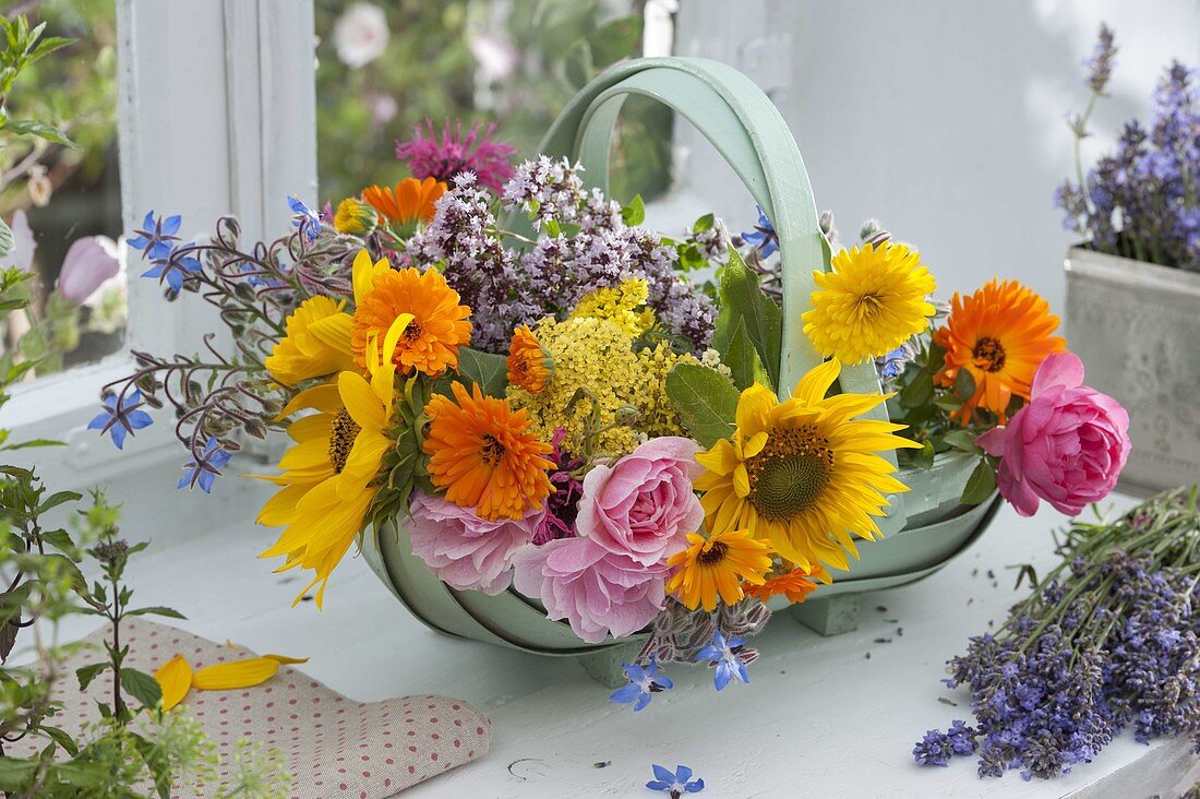 Basket with freshly cut flowers