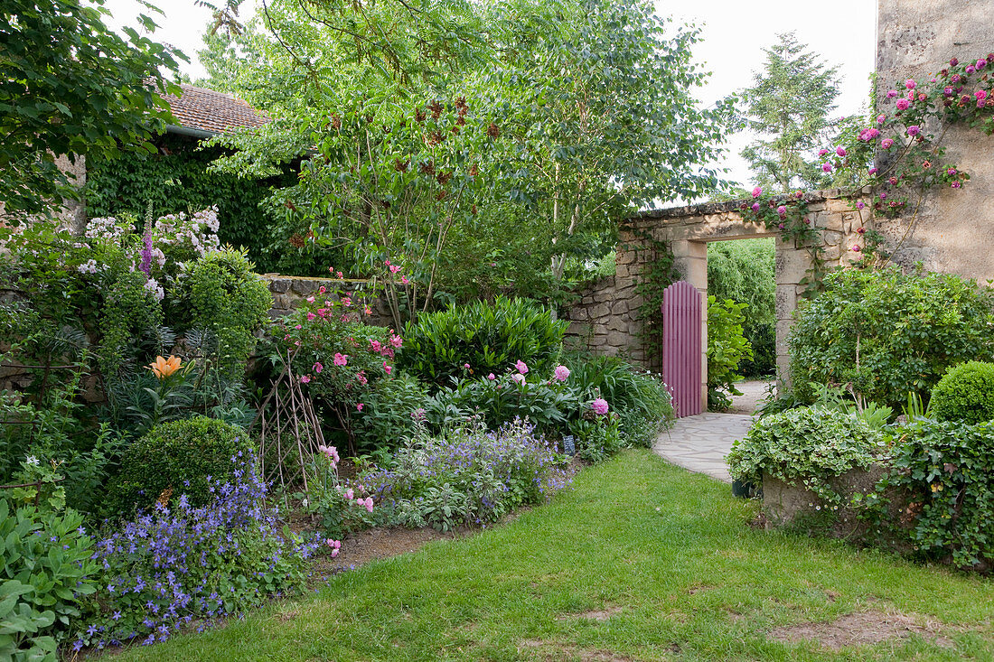 Planted garden with wall and open garden gate