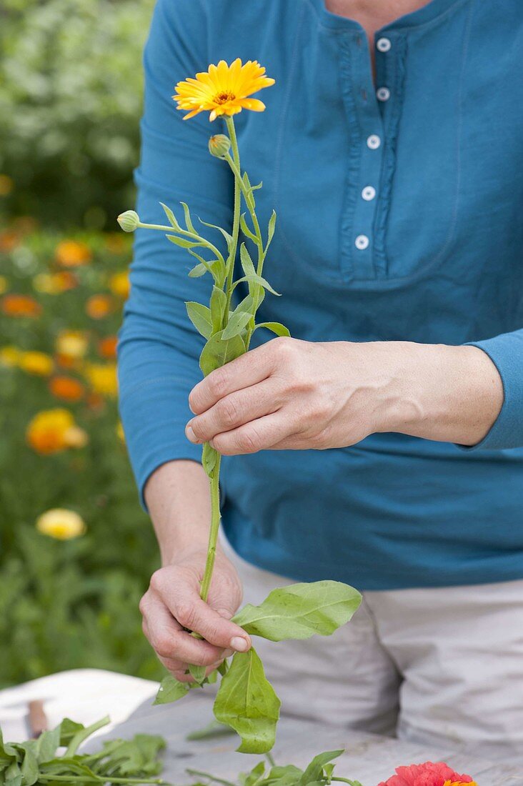 Woman tying colorful summer bouquet