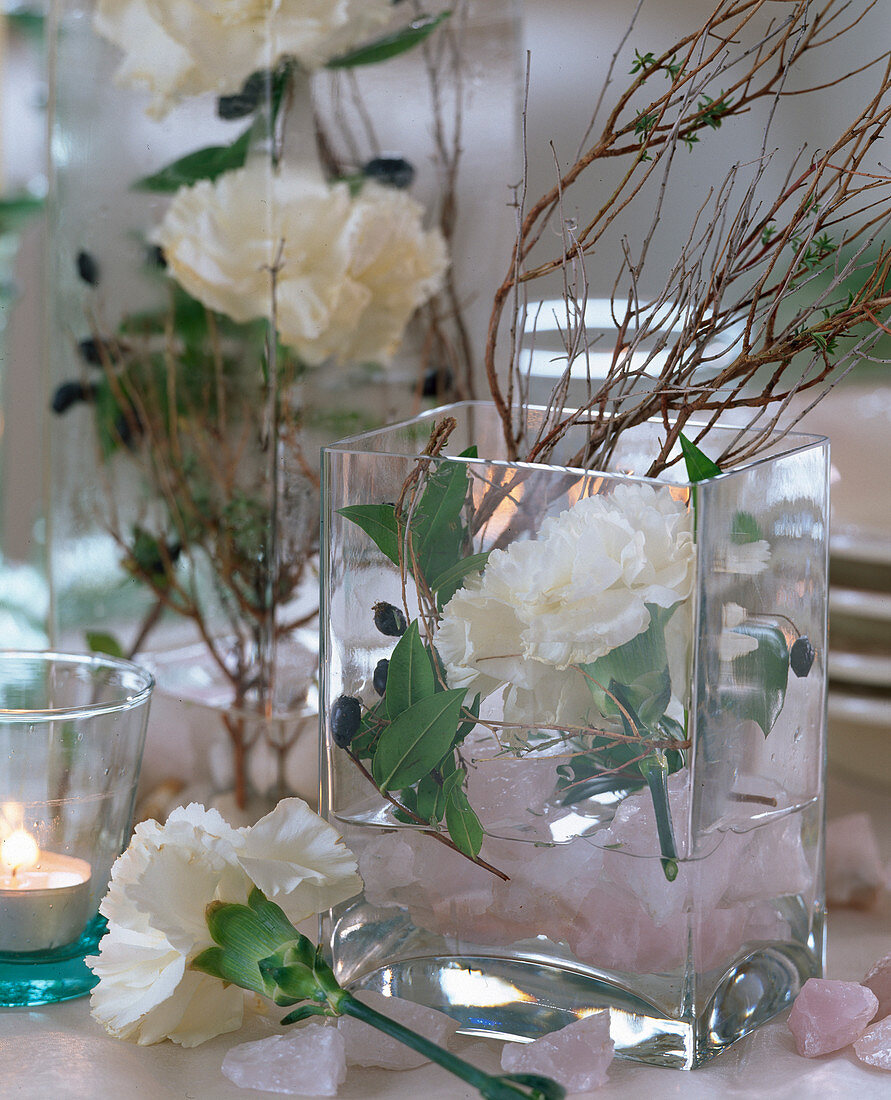 Square glass vase with white Dianthus (carnation)