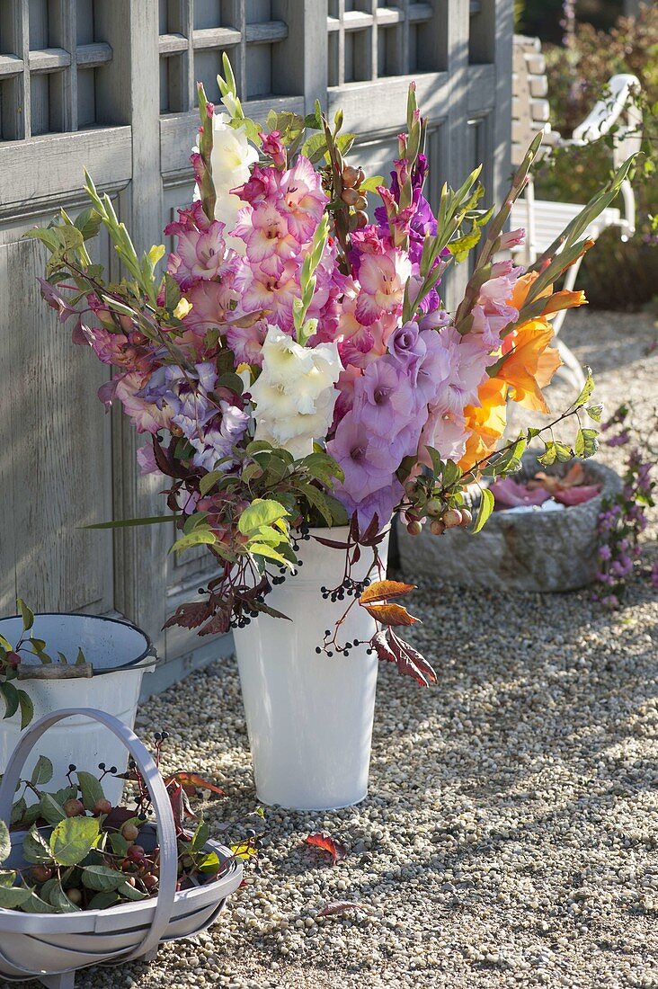 Summer bouquet with gladiolus, Malus twigs