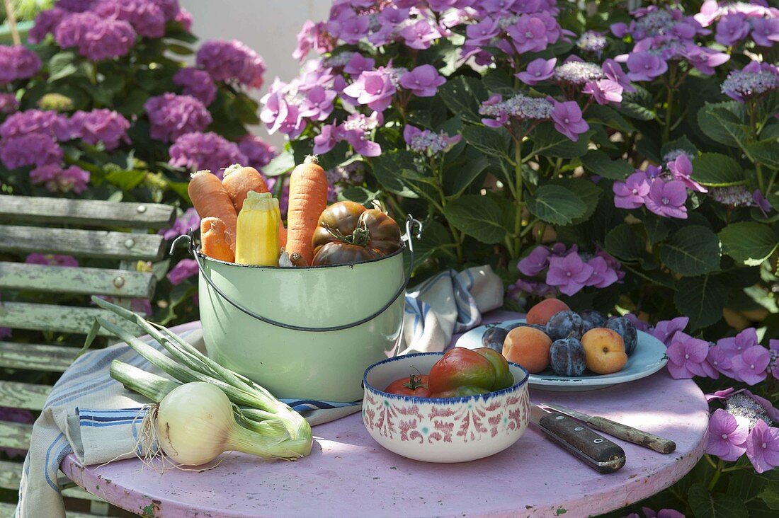 Freshly harvested vegetables and fruit on garden table