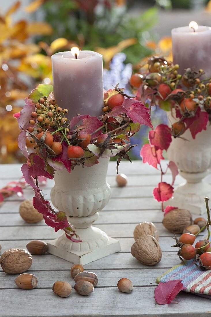 Candles with tendrils of Parthenocissus (wild vine) and pink