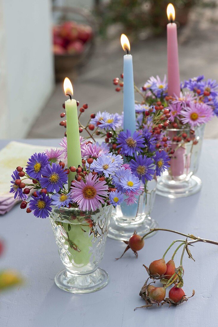Candlelight with aster and Rose in row