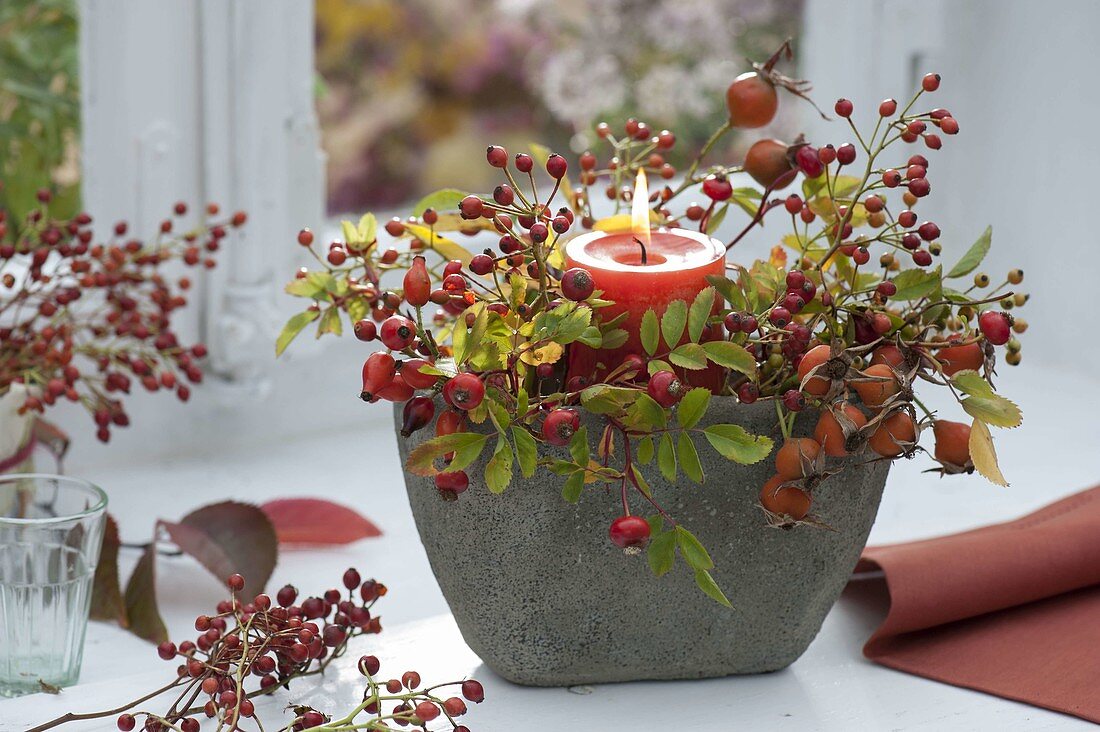 Candle arrangement with pink (rose hips) at the window