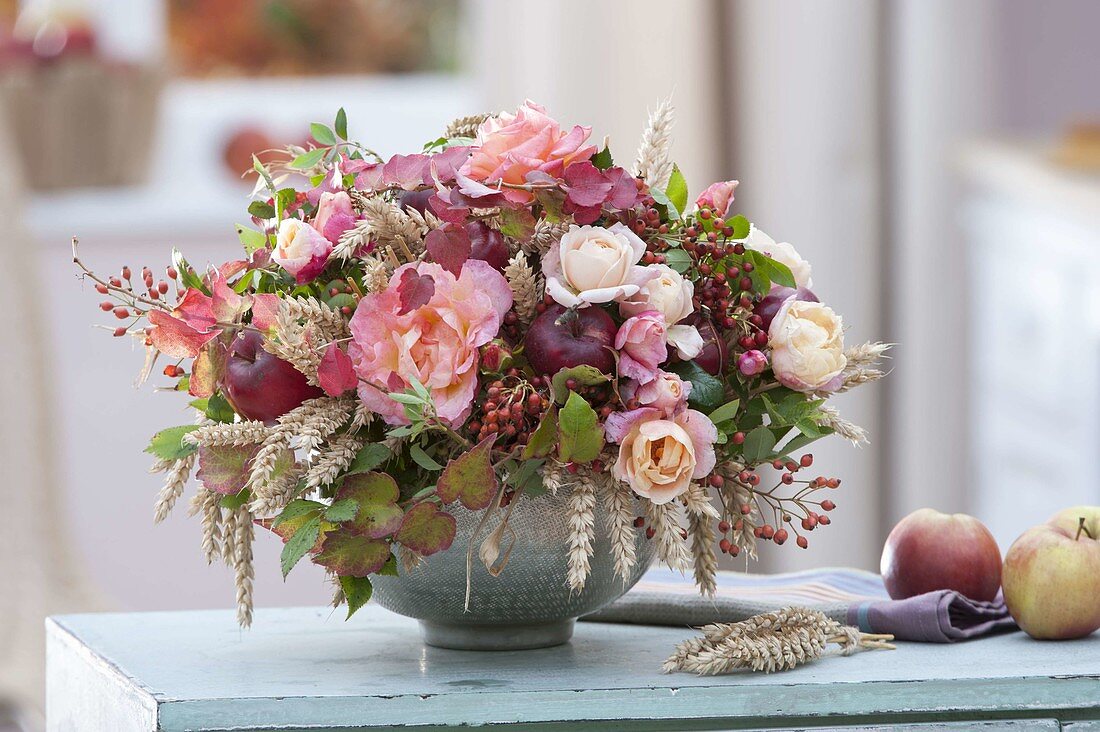 Thanksgiving flower arrangement in silver bowl