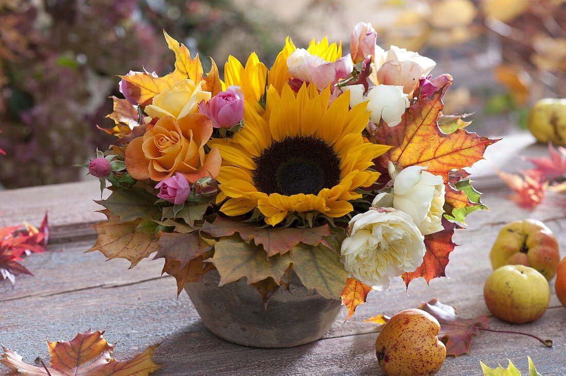 Autumn bouquet in bowl with Helianthus (sunflower), Rosa (roses)
