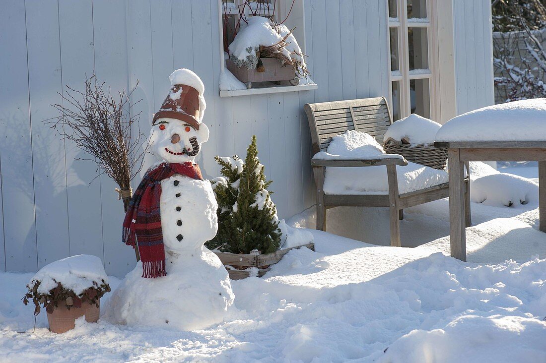 Snowman with clay pot as hat, scarf, cabbage stump as pipe, carrot as nose